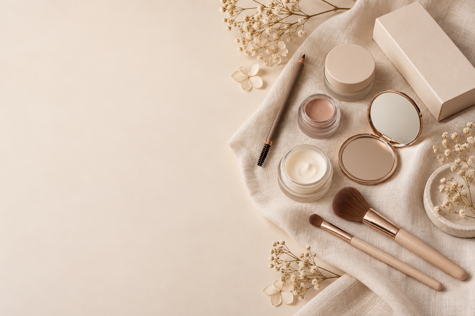 Brow pencils, brushes and cosmetic jars arranged on cream linen